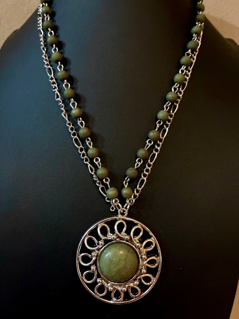 Earthy Sage Green & Silver Tone Double Chain Pendant Necklace